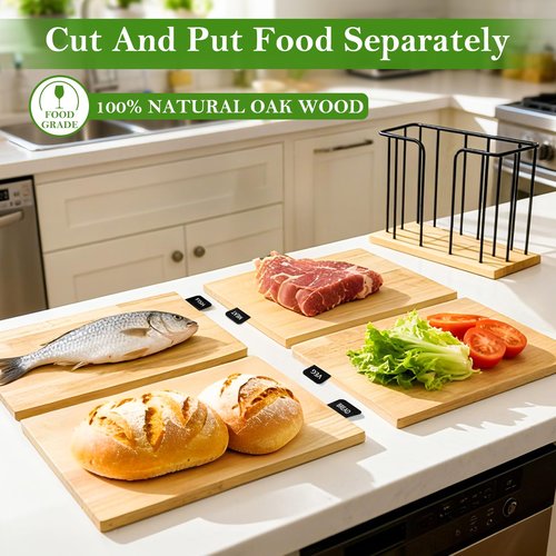 South to East Wood Cutting Board Set of 4 with Food Labels & Holder - Kitchen Chopping Boards for Meat, Bread & Veg | Easy Storage Wooden Cutting Boards for Family Meals, Ideal Gift for Home Cooks