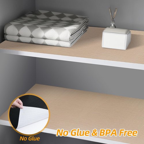 Shinlendid Shelf and Drawer Liner for Kitchen Cabinets Non-Adhesive, Strong Grip Non-Slip Thickened Cabinet Liners for Shelves, Waterproof Mats for Dresser Cupboard, Khaki, 12 in x 10 Feet