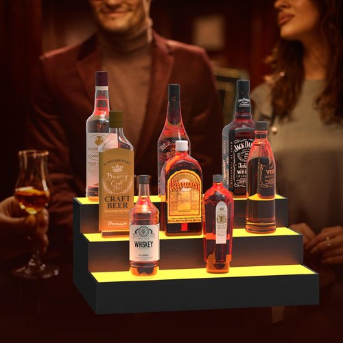 upcessory LED Lighted Liquor Bottle Display Shelf, 3 Tier 16 Inch Alcohol Whiskey Wood Rack Stand Tray for Home Bar Living Room Accessories and Decor, Bourbon Shelf for 12 Bottles