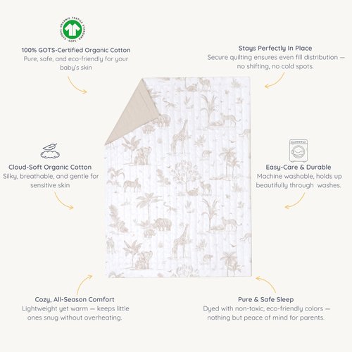 MakeMake Organics Organic Toddler Comforter GOTS Certified Organic Kids Blanket Cotton Infill Tufted - Reversible Ultra Soft Breathable Boys Girls (44"x60", Safari + Solid Oat)