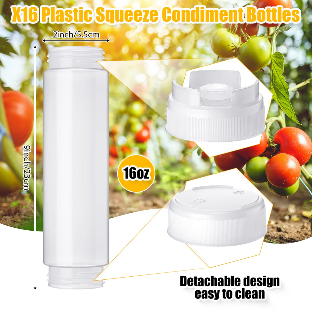 Roshtia 16 Pcs 16 oz Squeeze Bottle Condiment Squeeze Bottle Inverted Plastic Squeeze Bottle for Sauce Refillable Self Sealing Sauce Dispenser for Liquids Reusable Restaurants Kitchen(White)