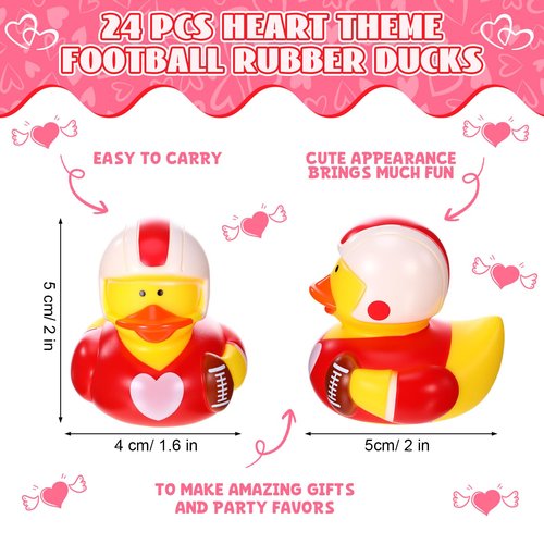 Civaner 24 Pcs Valentines Day Football Rubber Ducks 2 Inch Red Mini Football Player Rubber Ducks Bulk Heart Themed Duckies for Valentines Gifts Team Prize Party Favors Bag Stuffers