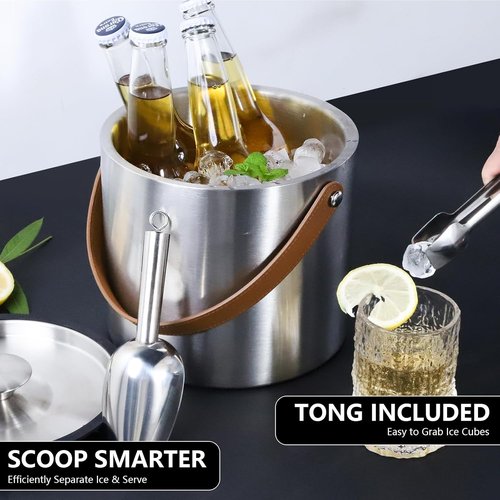 4L Ice Bucket with Lid, Scoop,Tongs & Strainer, Stainless Steel Double Wall Insulated Ice Buckets for Parties & Cocktail Bar, Large Outdoor Champagne Ice Container, Light Brown Handle