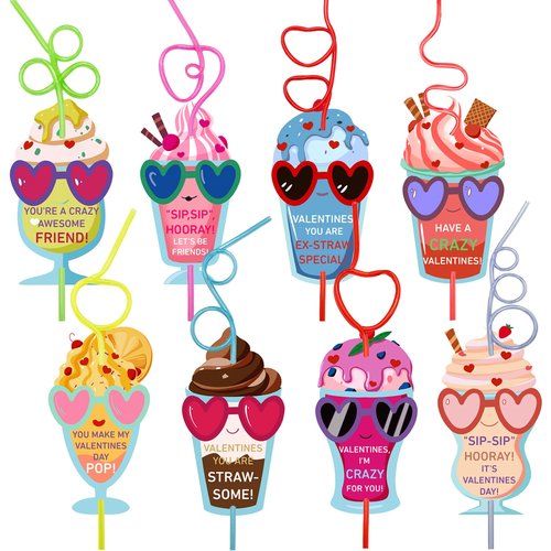 AouEtnay 32 Pack Valentines Day Cards Gifts for Kids Crazy Straw Valentines Gifts for Girls Boys Classroom Gift Exchange, School Prizes, Party Favors