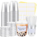 Ziliny 50 Sets Crystal Clear Plastic Cups with Lids, Straws and Stickers, Disposable Iced Coffee Cups Thickened PET for Iced Coffee, Bubble BobaTea, Smoothie, Cold Drinks, Juice, Shops (12 oz)
