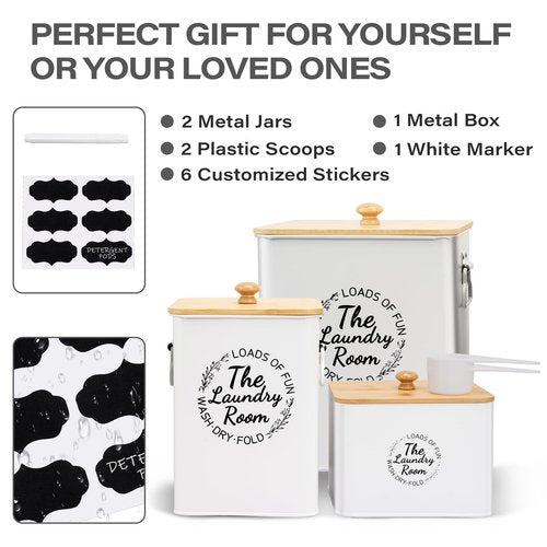 3 Pack Metal Laundry Pods Container & Dryer Sheet Holder Set, Farmhouse Laundry Room Organization and Storage Decor, Jars with Lids, Scoops & Labels for Detergent, Powder, Beads, Scent Booster