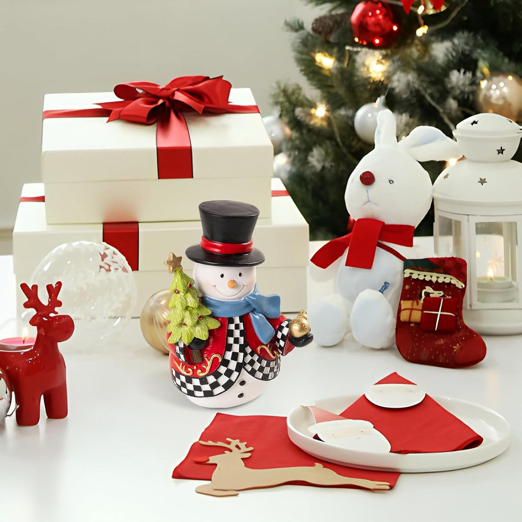 Snowman Figurines - 7.1x4.9 Inch Resin Christmas Decorations | Black and White Checkered Indoor Decor