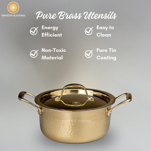 Swadeshi Blessings Exclusive Range Brass Pot/Stock Pot for Cooking with Lid/Teflon-Free/Naturally Non-Stick Brass Utensils with Tin Coating (1 Litres)