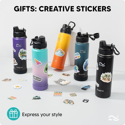 Swigina Insulated Water Bottle with Silicone Boot (36hrs Cold/18hrs Hot) - DIY Stickers, Leakproof, BPA Free, 24 oz [2-IN-1 LID]