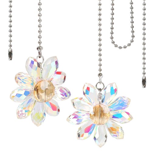 2 Pieces Ceiling Fan Pull Chain, Decorative 1.8" Crystal Glass Flower Pendants Pull Chain Extension with 23" Ceiling Fan Chain Extender and Connector for bedside lamp Table Lamp Light(Crystal AB)