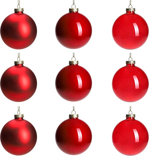 DN DECONATION Red Glass Christmas Ornaments - Set of 9 | 3.15" Hanging Baubles for Holiday Decor