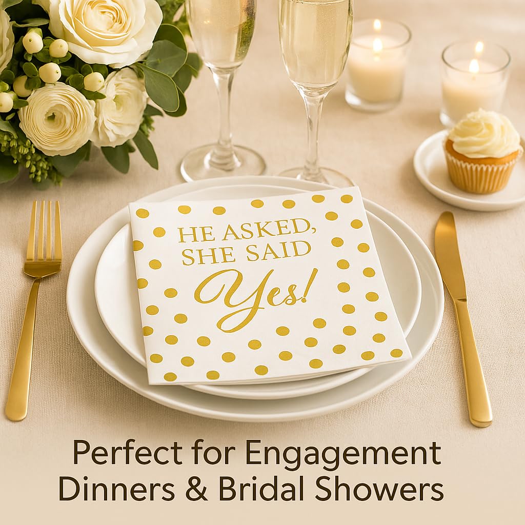 Jovialix She Said Yes Napkins, Engagement Party Napkins, Engaged Napkins – Disposable Cocktail Napkins for Bridal Shower & Bachelorette Decoration – Gold Foil Polka Dots, 6.5 x 6.5 in, 80 Pack