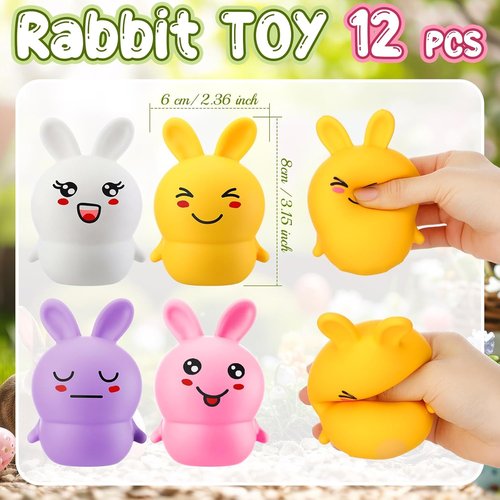 Meooeck 12 Pcs Easter Bunny Mini Squeeze Balls Easter Basket Stuffers, Egg Fillers, Rabbit Stress Balls for Adults Stress Relief Fidget Party Favors Gifts Office ADHD Autism Anxiety