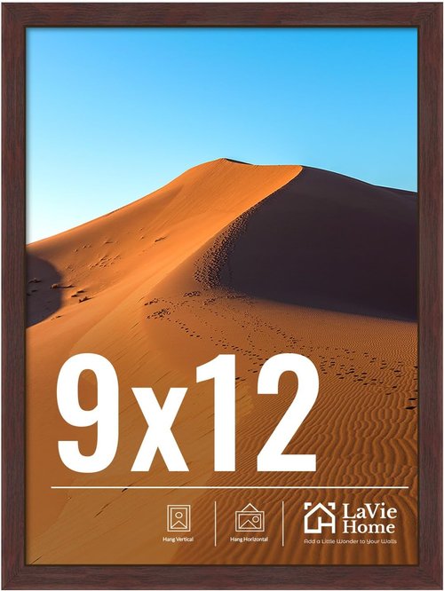 LaVie Home 9x12 Picture Frame - Classic Brown Wall Display Frame with HD Plexiglas | Vertical & Horizontal Use