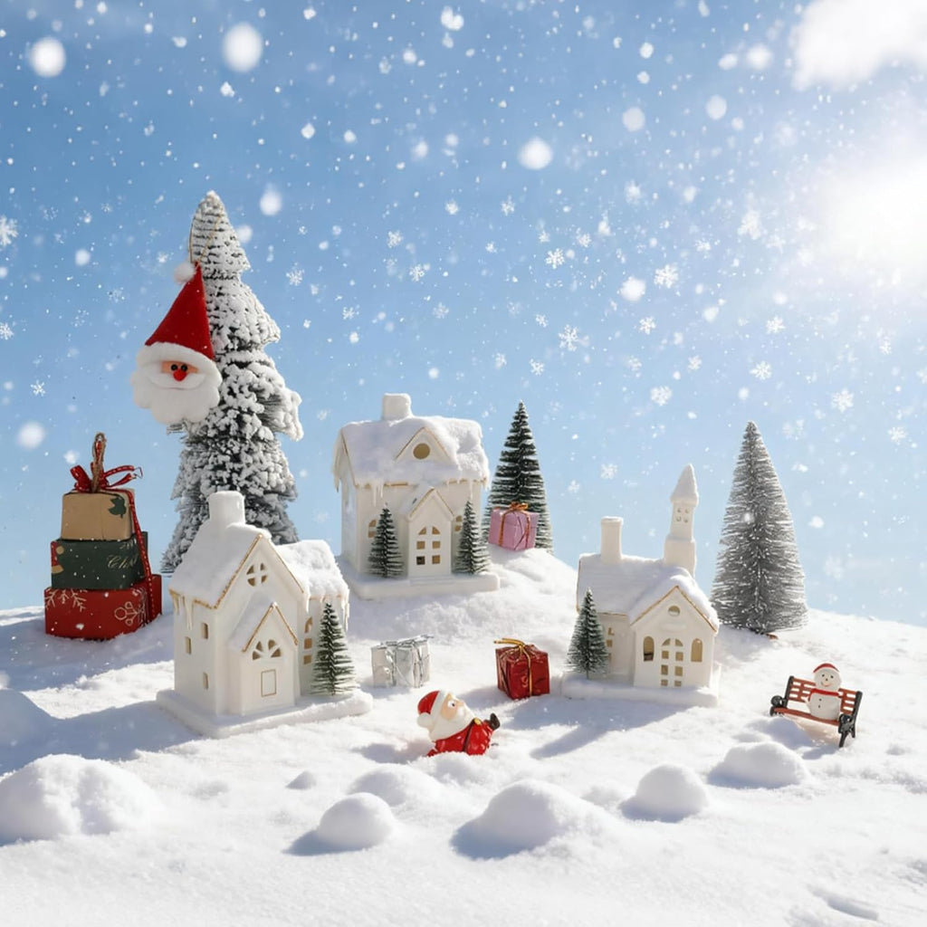 Skiennix White Ceramic Christmas Village Houses Set - 3 Light-Up Figurines with 4 Trees for Holiday Decor