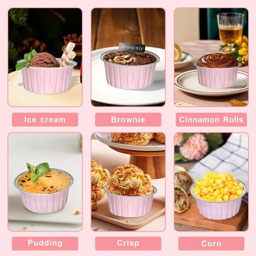 100 Pack 5oz Cupcake Pans with Dome Lids, Disposable Ramekin Cupcake Liners,Reusable Mini Muffin Case Dessert Containers for Birthday Wedding Party - Pink