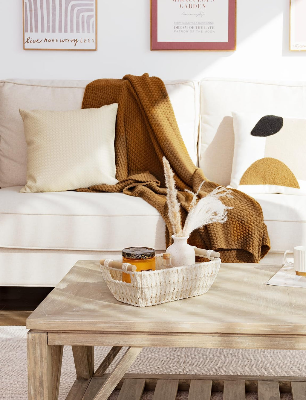 StorageWorks Round Woven Paper Rope Baskets - Stylish Beige 2-Pack with Wooden Handles for Gifts