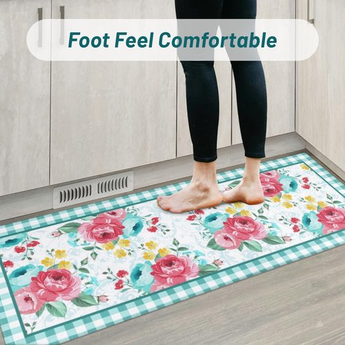 Mofvugz Red Teal Floral Kitchen Rugs and Mats Non-Skid Washable for Floor, Floral Teal Kitchen Decor and Accessories Kitchen Mat Set of 3, 17"x30"+17"x47"+17"x59"