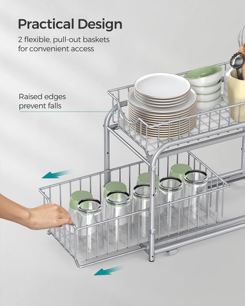 SONGMICS 2-Tier Pull Out Cabinet Organizers, Under Sink Organizer, Bathroom Organizer and Storage, Sliding Basket Drawers, Stackable for Kitchen, Bathroom, Metallic Silver UKCS017E01