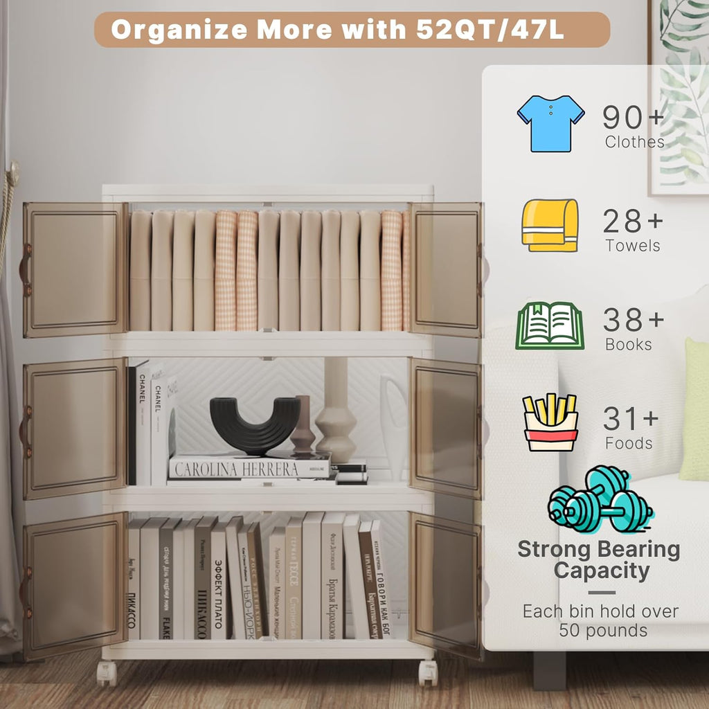 UAMFURI Stackable Storage Bins - Collapsible Plastic Organizer with Lids & Wheels | 144QT & 48QT (3-Pack)