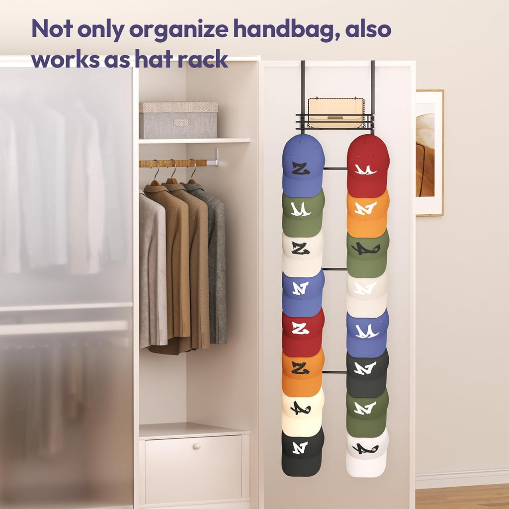 SWTYMIKI Over The Door Purse Organizer - Wall Mounted Handbag Storage Rack with 16 Hooks & Metal Basket