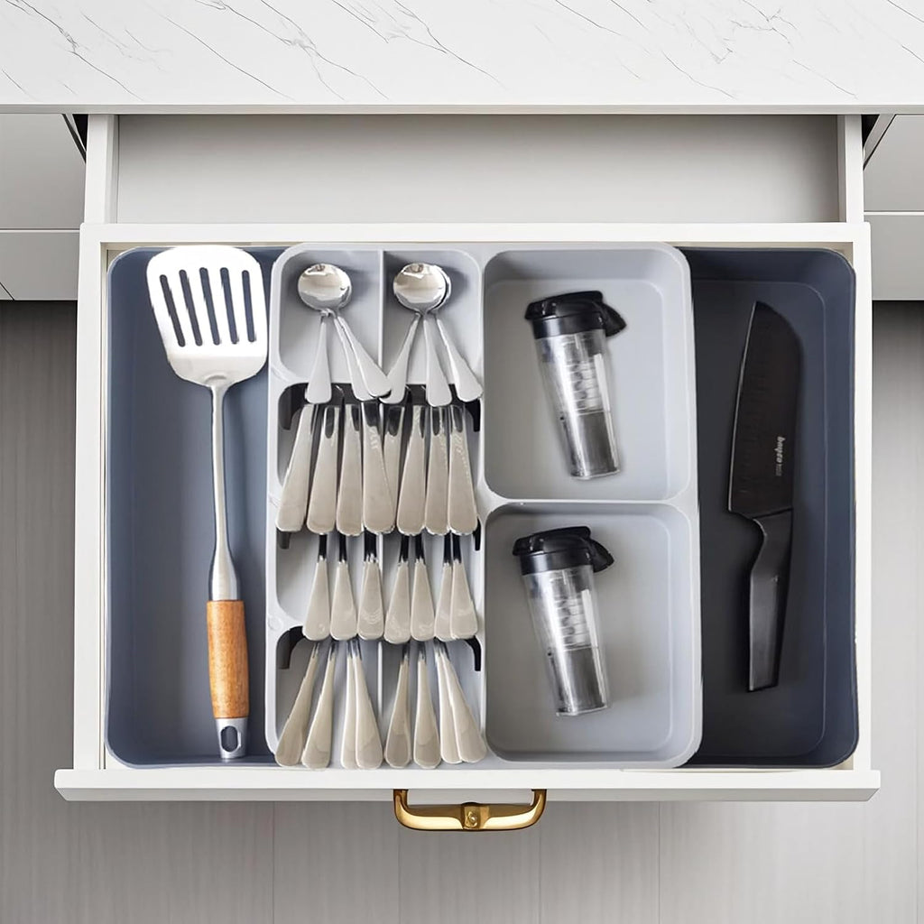 Skiennix Expandable Cutlery Drawer Organizer - Adjustable Plastic Utensil Tray for Forks, Spoons & Knives - Large Grey