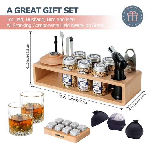 HMYBAR®26pcs Whiskey Smoker Kit with Torch | Cocktail Smoker Infuser Kit | Old Fashioned Drink Smoker Kit | Bourbon Whiskey Gift.Great Gift for Dad, Husband. Bamb Stand Natural Color. (No Butane)