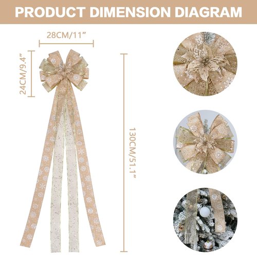 YINGQIWISH Christmas Tree Topper, Bow Large Christmas Bow Tree Topper, for Xmas Ornament Holiday Home Wedding Thanksgiving Indoor/Outdoor Decoration (Gold)