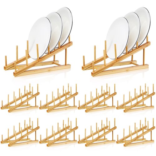 Suclain 10 Pcs Wooden Bamboo Dish Drying Rack Kitchen Cabinet Organizer for Cabinet Cutting Board Display Stand for Dish Plate Bowl Water Bottles Cup Pot Lid Cutting Board