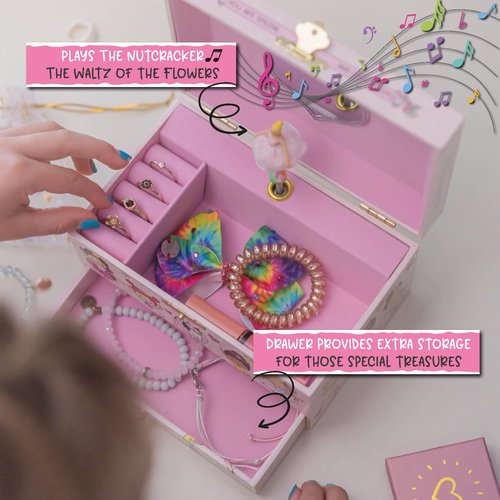 Furry Smile Ballerina Musical Jewelry Box for Girls - Glow In The Dark - Organizer with Heart Necklace and Bracelet Set - Cute Ballerina Music Box for Little Girls