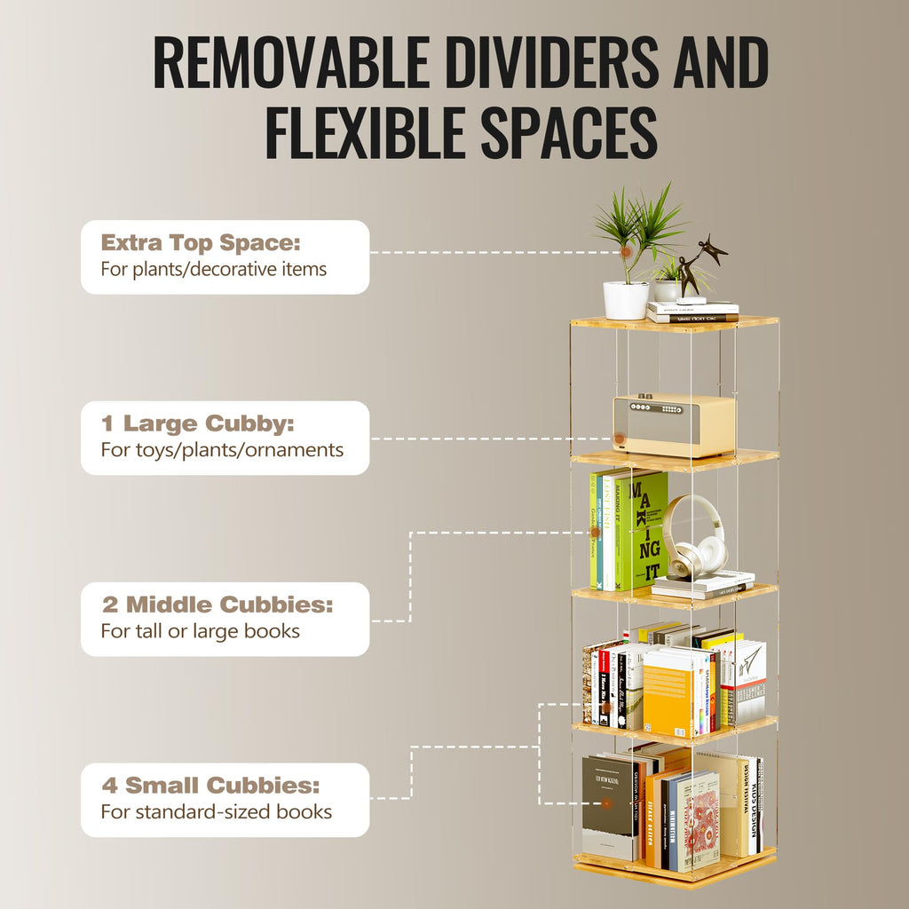 TAKEKIT Rotating Bookshelf, 360 Degree Revolving Bookcase, 4-Tier Spinning Bookshelf, Clear Acrylic & Solid Wood Rotating Bookcase for Kid’s Playroom, Bedroom and Living Room, Square