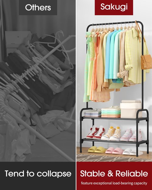 Sakugi Clothes Rack - Clothing Rack with 2-Tier Shoe Rack and Anti-Slip Stopper, Shoe Organizer for Entryway, Bedroom, or Laundry, Black, 29" × 12.2" × 59.3"