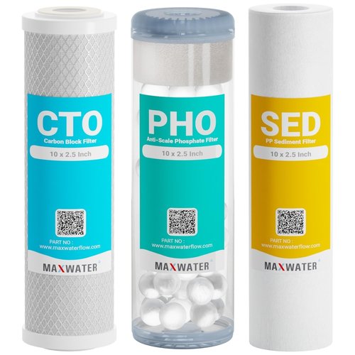 10" Standard Whole House Whole House Anti Scale Filter Set - 10" x 2.5" Polypropylene Sediment, Phosphate Anti-Scale, CTO Carbon Block Water Filter pack, Total of 3 Filters