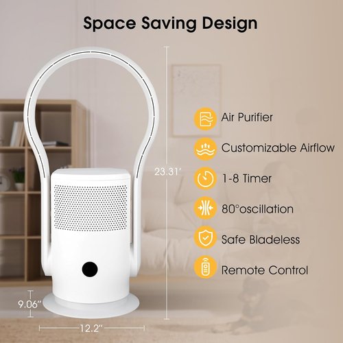 Bladeless Tower Fan - HEPA Filter & 80° Oscillation | Remote Control, 9 Speeds, 8H Timer, White