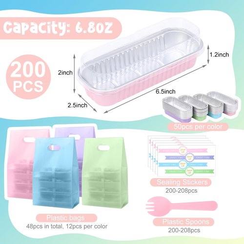 Acellegic 848 Pack Macaron Mini Loaf Pans Set with Lids and Spoons Include 200 Macaron 6.8oz Disposable Aluminum Foil Baking Pans 200 Lids 200 Spoons 200 Sealing Stickers 48 Gift Bags for Dessert Cake