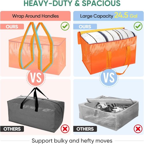 BALEINE Oversized Moving Bags - Heavy-Duty Storage Totes with Reinforced Handles | 6-Pack, Orange