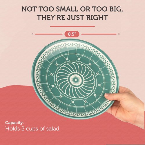 Annovero Salad Plates - Small Plate for Serving Appetizer, Lunch, Sandwich - Microwavable - Decorative Cute Colorful Porcelain Boho Dish Set for 6 - Zero Lead & Cadmium - 8.5 Inch Diameter