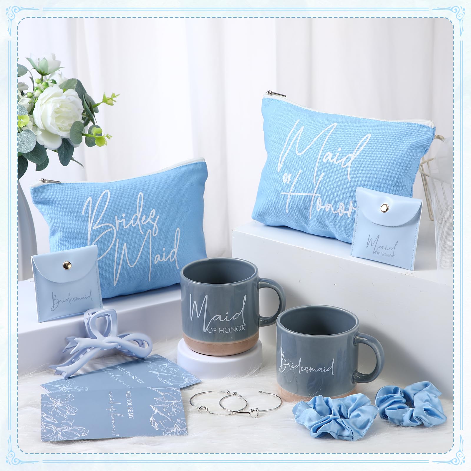 Didaey 42 Pcs 6 Sets Bridesmaid Proposal Gifts, Wedding Favors for Bridesmaids & Maid of Honor Ceramic Coffee Mugs Makeup Bags Invited Cards Scrunchies Bracelets Jewelry Bags Hair Clips(Blue)
