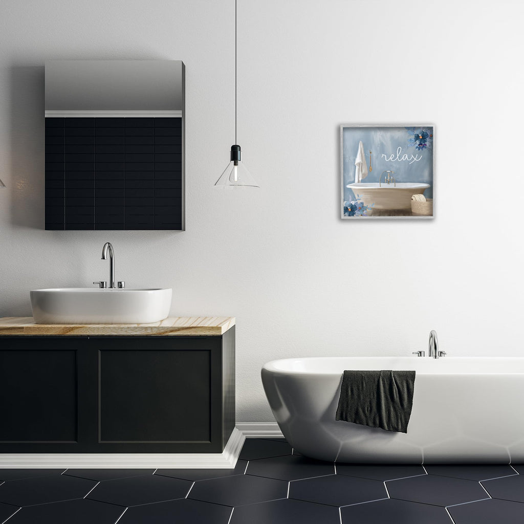 Stupell Industries Blue Floral Relax Bathroom Scene Framed Wall Art, Design by Kim Allen