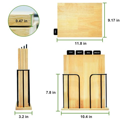 South to East Wood Cutting Board Set of 4 with Food Labels & Holder - Kitchen Chopping Boards for Meat, Bread & Veg | Easy Storage Wooden Cutting Boards for Family Meals, Ideal Gift for Home Cooks
