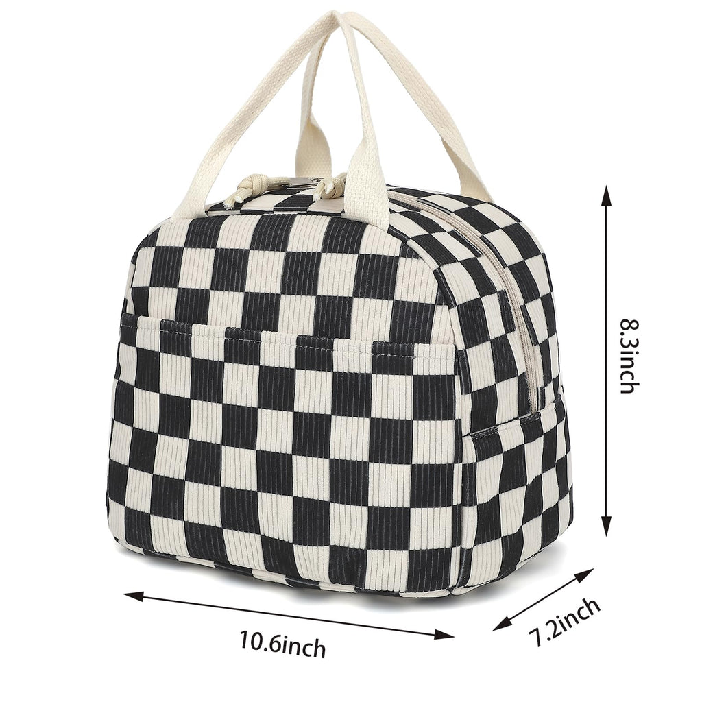 Dezcrab Corduroy Lunch Box for Women Girls, Cooler Lunch Bags Reusable Insulated Lunchbox for Picnic School Work Travel (Checkered Black)