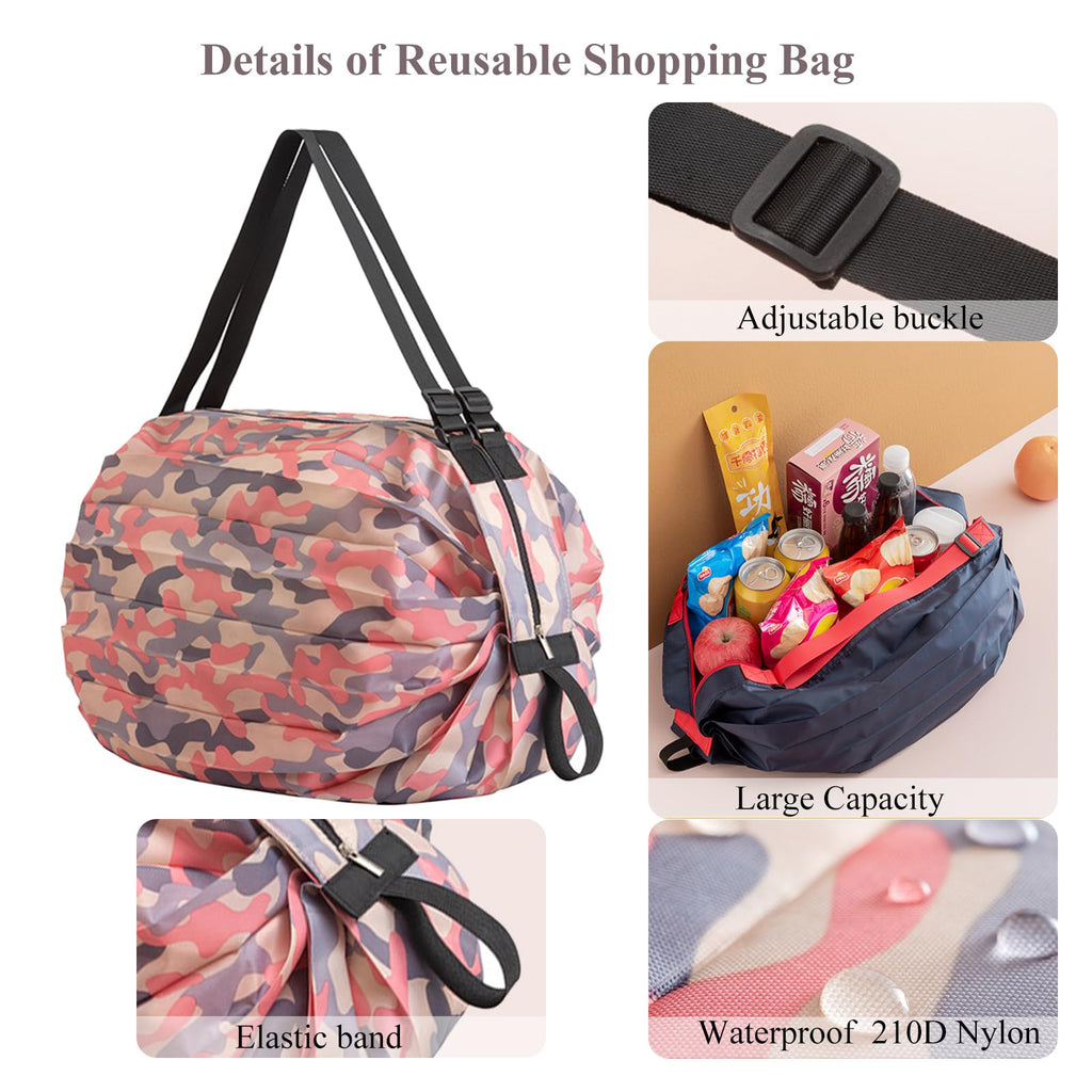 XKE-X 2 Pack Foldable Reusable Shopping Bags - 210D Nylon Waterproof Grocery Bag with Zipper & Adjustable Straps, Compact Travel Duffel Tote Bag for Groceries, Beach, Storage