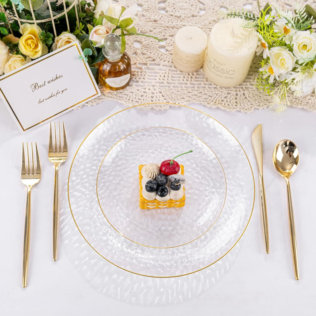 Rubtlamp Clear Plastic Plates - 60 Pcs Heavy-Duty Disposable Plates with Gold Rim | 30 Dinner & 30 Dessert Plates for Weddings & Parties