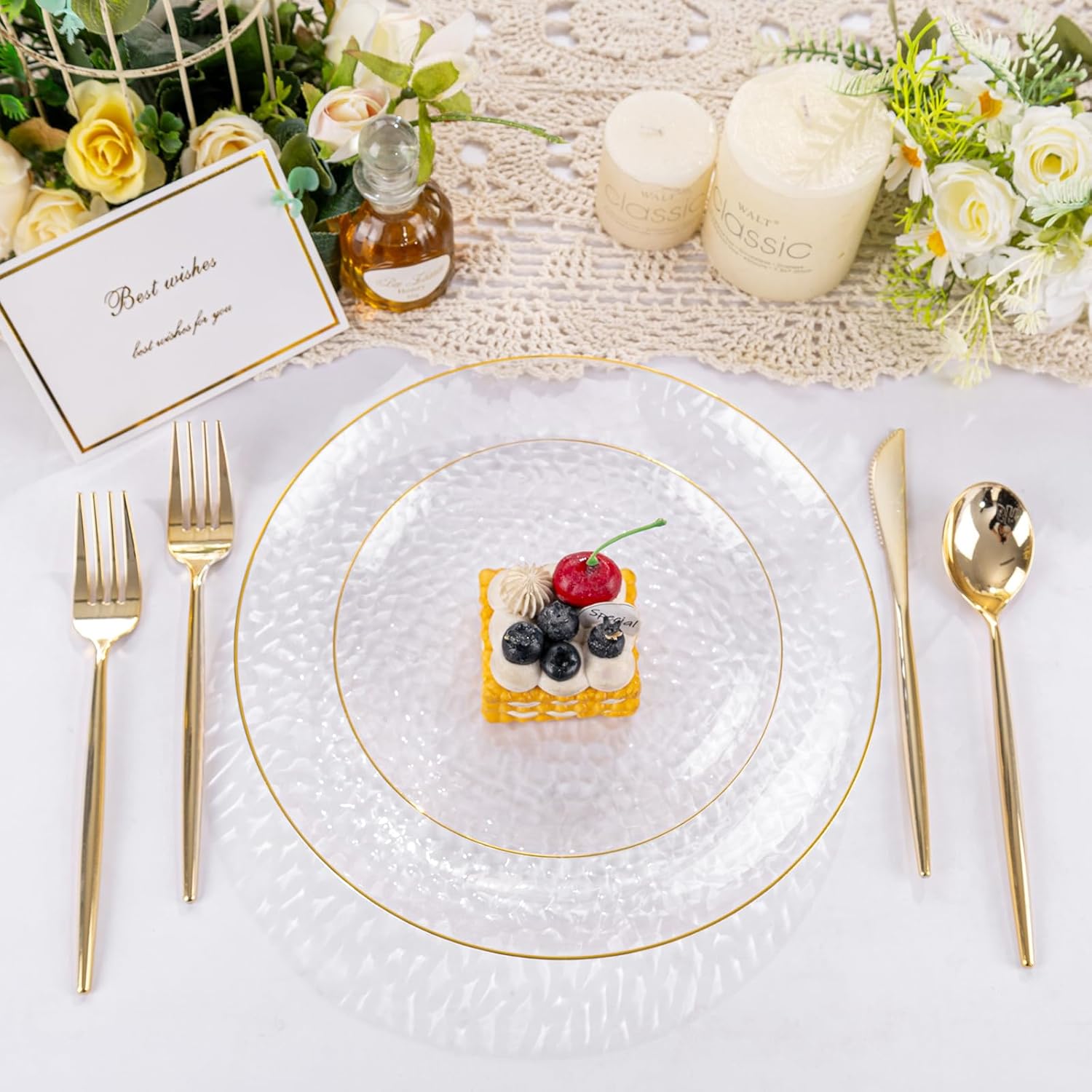 Rubtlamp Clear Plastic Plates - 60 Pcs Heavy-Duty Disposable Plates with Gold Rim | 30 Dinner & 30 Dessert Plates for Weddings & Parties