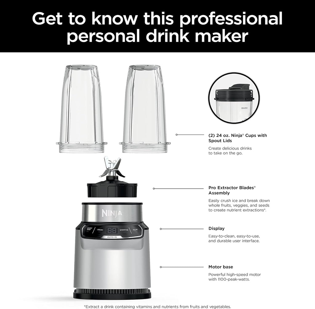 Ninja Nutri Pro Personal Blender - 1100 Peak Watt with Auto-iQ | Cloud Silver (Refurbished)