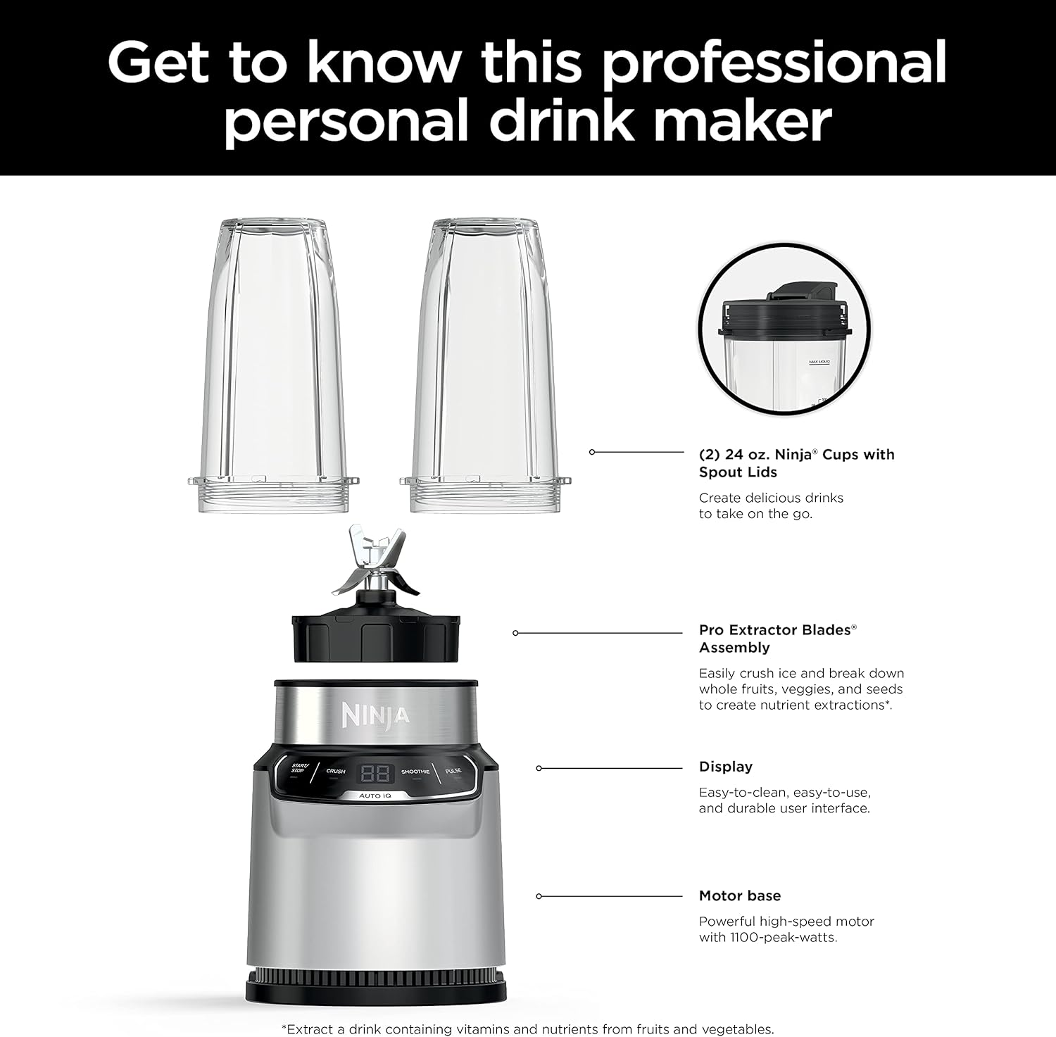 Ninja Nutri Pro Personal Blender - 1100 Peak Watt with Auto-iQ | Cloud Silver (Refurbished)