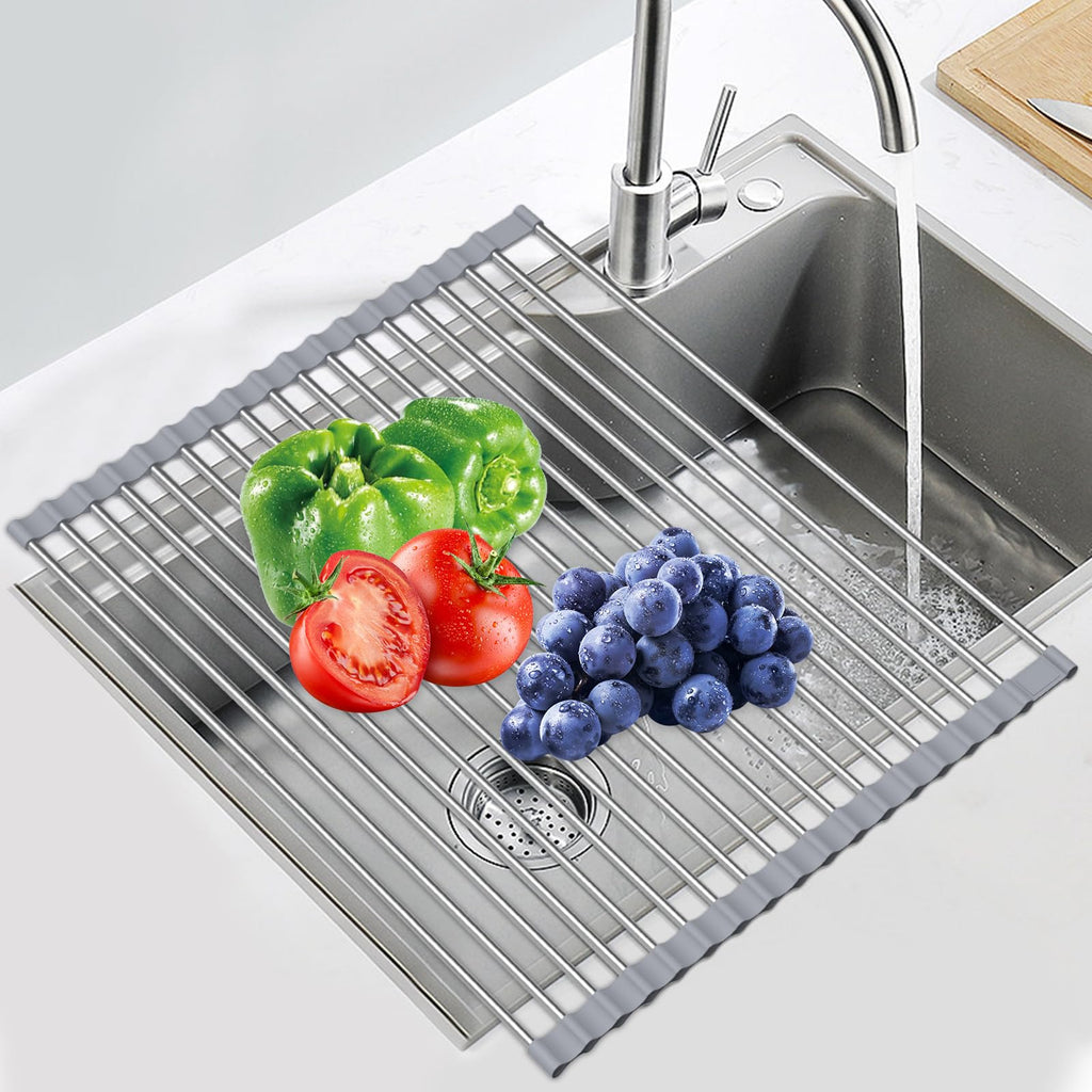 Sindax 23.7" Extra Large Dish Drying Rack, Expandable Roll Up Over The Sink Dish Drying Rack, SUS304 Stainless Steel Multipurpose Kitchen Drainer Rack Up Load to 70Lb