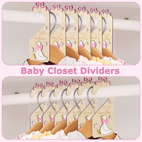 FYSUIMU 7Pcs Goose Wood Baby Closet Size Dividers with Storage Bag Pink Bow Goose Hanging Closet Organizer Newborn to 24 Month Infant Wardrobe Organizer for Home Nursery
