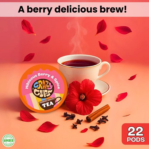 Crazy Cups Hibiscus Berry & Spice Herbal Tea Pods, 22 Count, Kosher Certified, Fruity & Spiced Blend with Cinnamon, Ginger & Clove | K Cup Compatible, Hot or Iced Herbal Tea