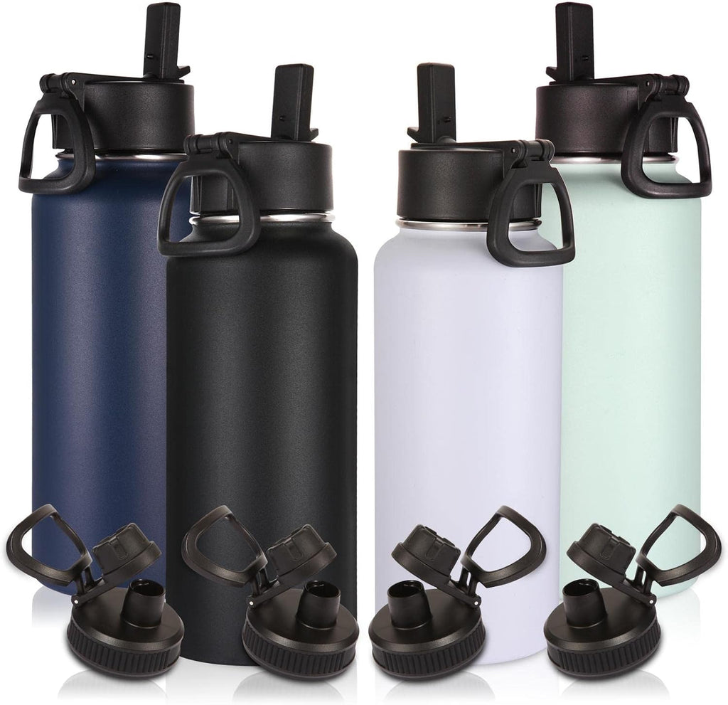 Volhoply 32 Oz Insulated Water Bottles - 4 Pack with Straw & Spout Lids | Leakproof Stainless Steel Flasks for Hiking & Camping